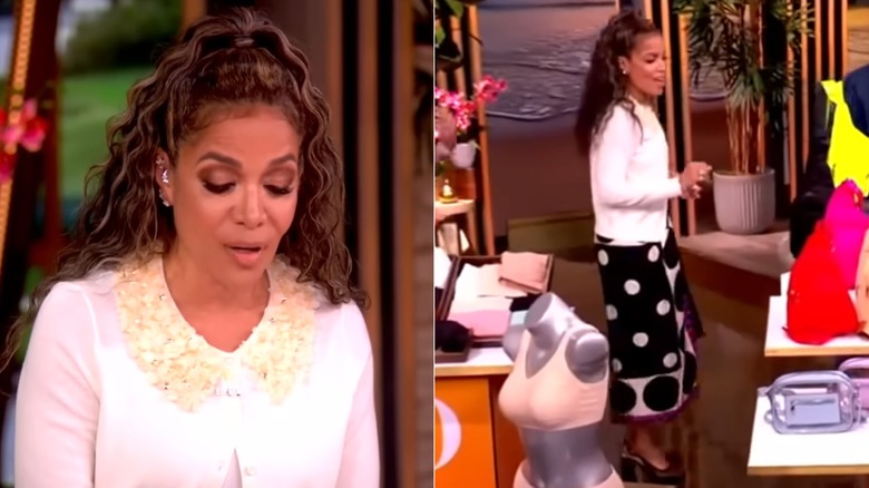 Split image of Sunny Hostin wearing a cardigan and wrap skirt on "The View"