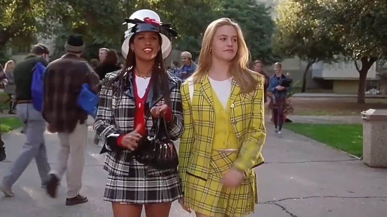 Cher and Dionne Davenport in Clueless walking on campus in their plaid skirt suits