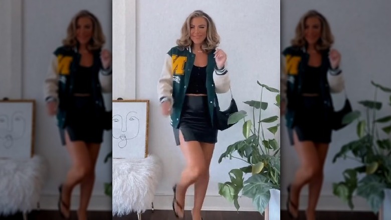 Leather skirt and varsity jacket