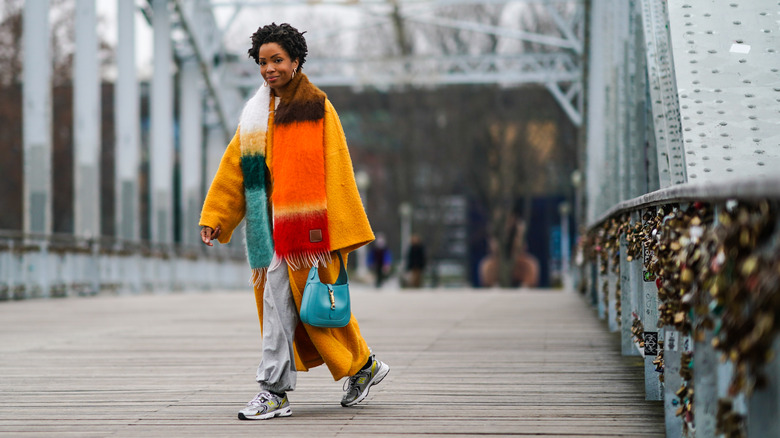 A woman in a bright coat 