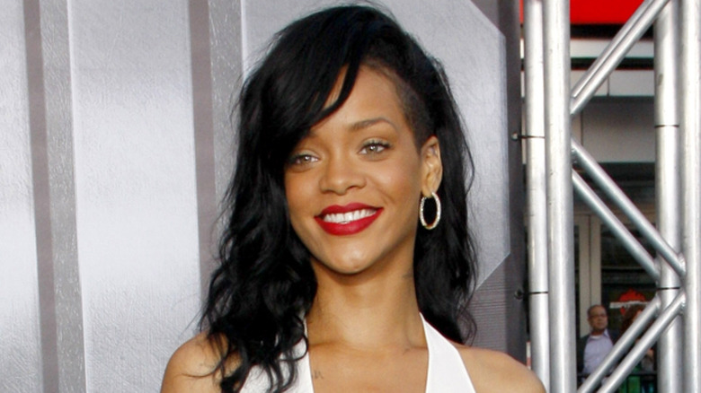 Rihanna wearing red lipstick