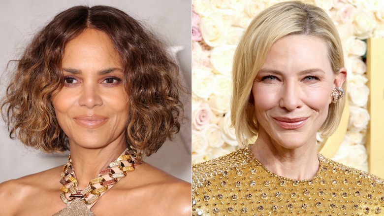 Split image of Halle Berry and Cate Blanchett wearing bobs