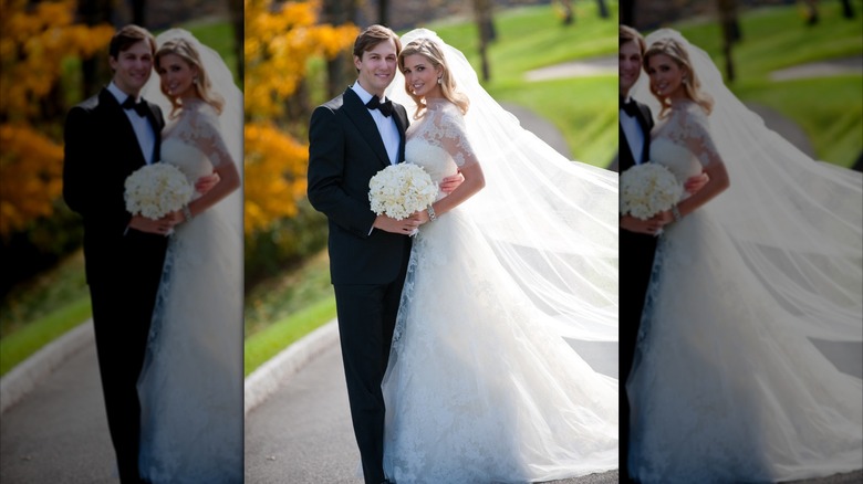 Ivanka Trump and Jared Kushner at their wedding at Trump National Golf Club on October 25, 2009 in Bedminster, New Jersey