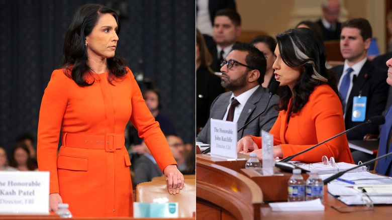 Side-by-side photos of Tulsi Gabbard testifying before an annual worldwide threats assessment hearing at the Longworth House Office Building on March 26, 2025
