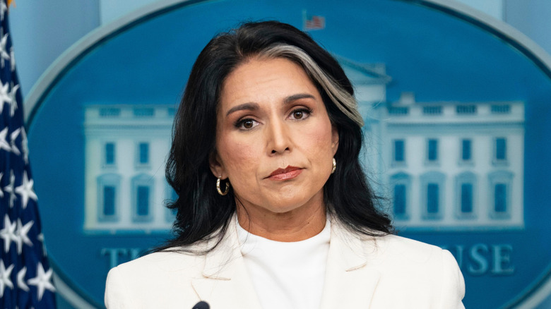 Tulsi Gabbard speaking during a press briefing in Washington in July 2025