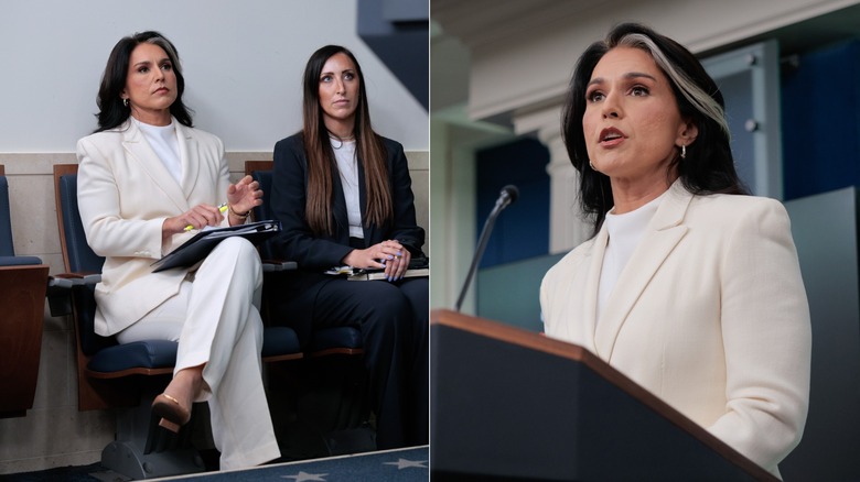Side-by-side photos of Tulsi Gabbardbin the Brady Press Briefing Room at the White House on July 23, 2025 in Washington, DC