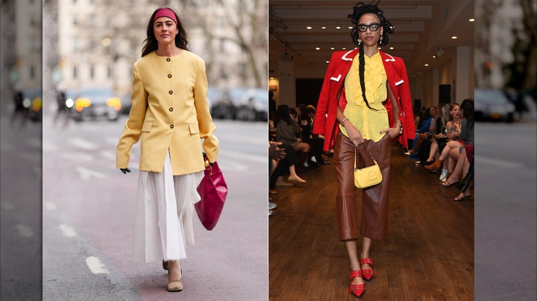 Split image of New York Fashion Week goers wearing yellow and red outfits
