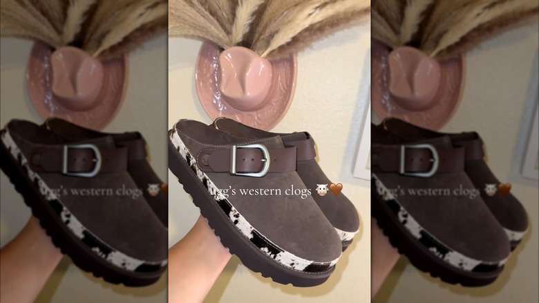 Still from a TikTok showing off UGG-branded clogs with a strip of cowprint