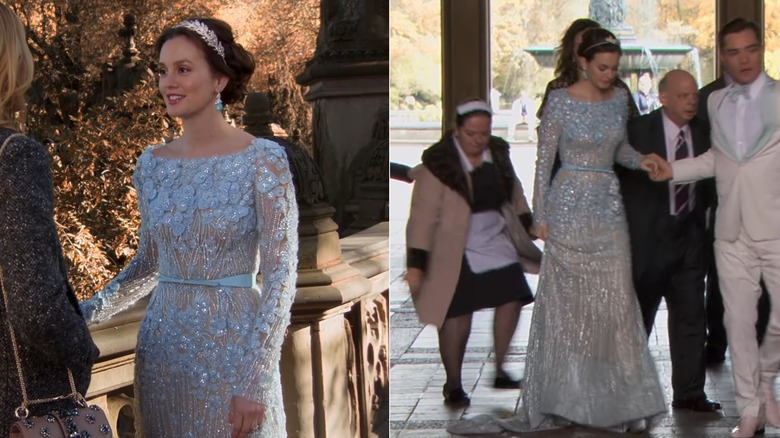 Split image of Blair Waldorf wearing a sparkly, blue gown on Gossip Girl