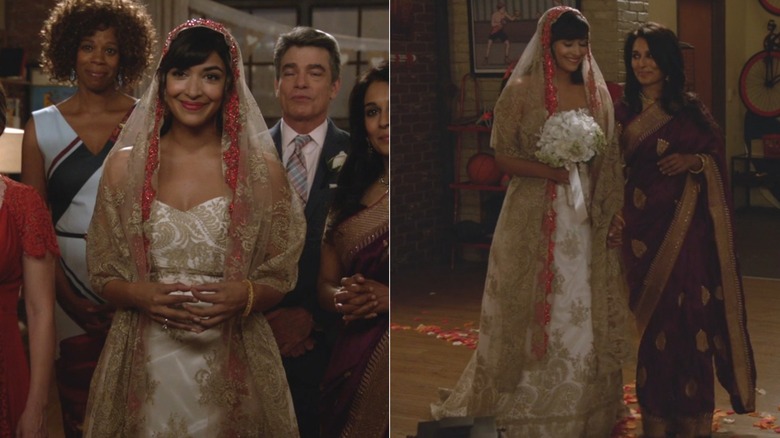 Split image of Cece wearing a white and gold wedding dress with a red-trimmed veil on new Girl