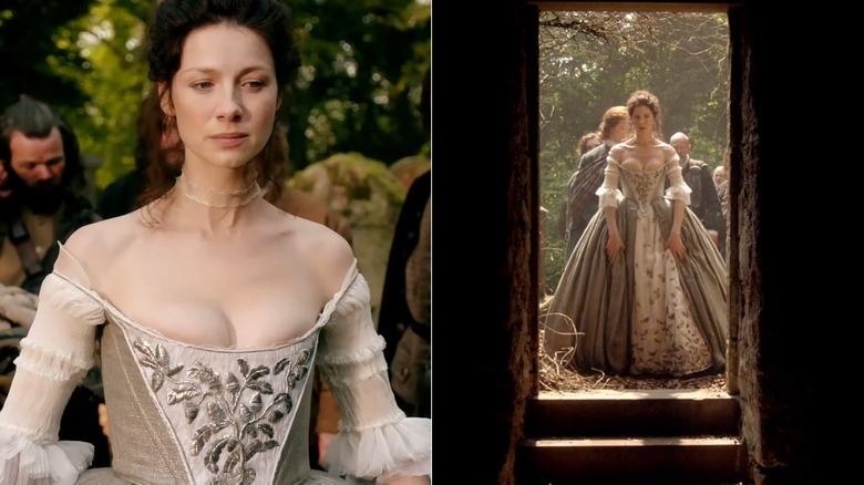 Split image of Claire Fraser wearing a historical-style wedding dress on Outlander