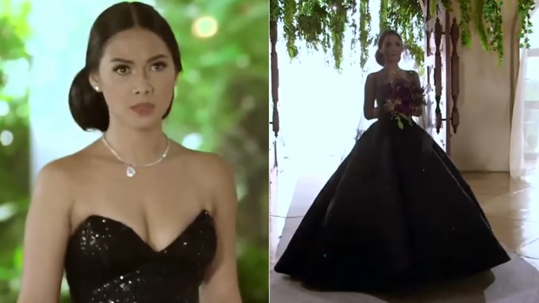 Split image of Ivy Aguas wearing a black ball gown on the show "Wildflower"