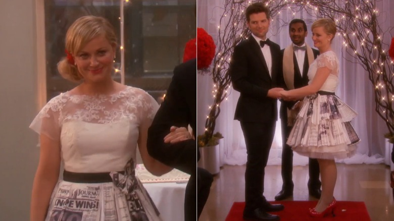 Split image of Leslie Knope in a short wedding dress with a skirt made of newspapers