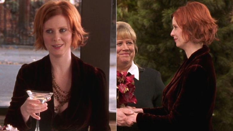 Split image of Miranda Hobbes wearing a velvet skirt suit for her wedding day on "Sex and the City"