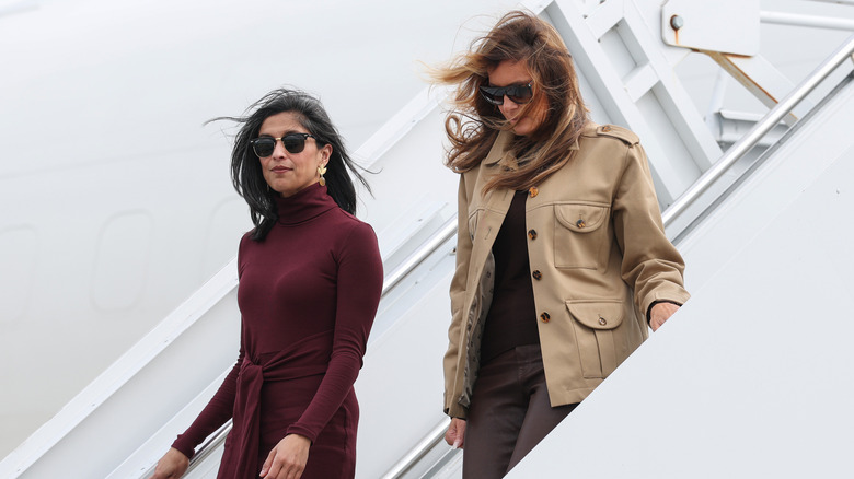 Usha Vance and Melania Trump walking off a plane
