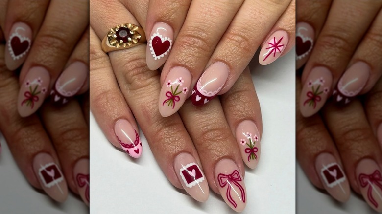 Valentine's day nails with various floral and heart patterns