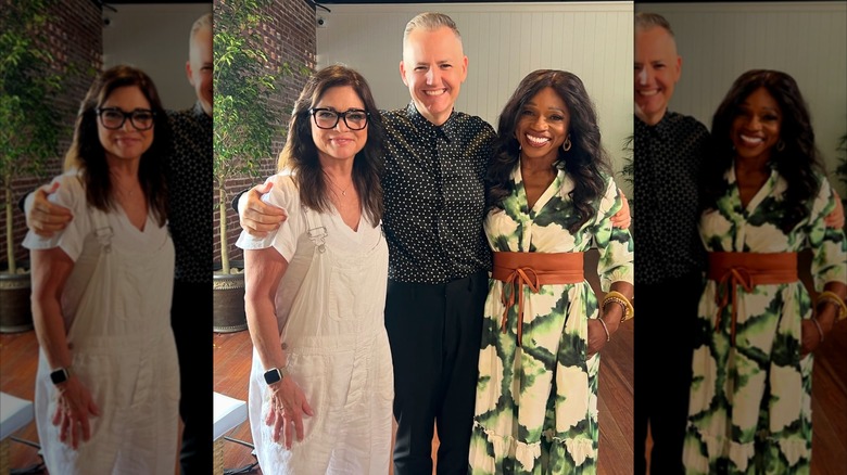 Valerie Bertinelli wearing white overalls and posing with Ross Matthews and Carolyn Murray