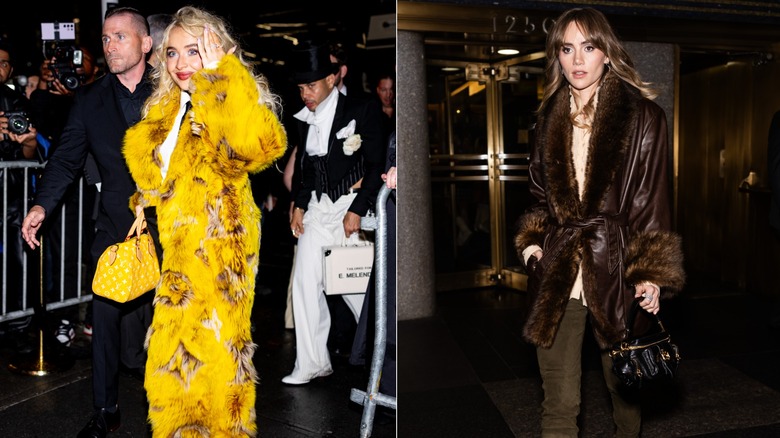 Split image of Sabrina Carpenter and Suki Waterhouse wearing fur coats
