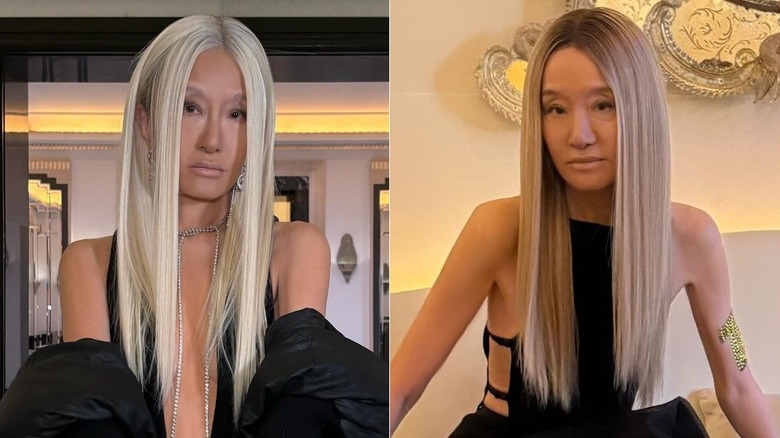 Vera Wang posing with long, cool-toned blonde hair and with darker, long blond hair in side by side photos