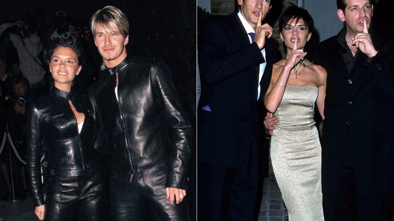 Victoria Beckham posing on the red carpet in 1999, side by side photos