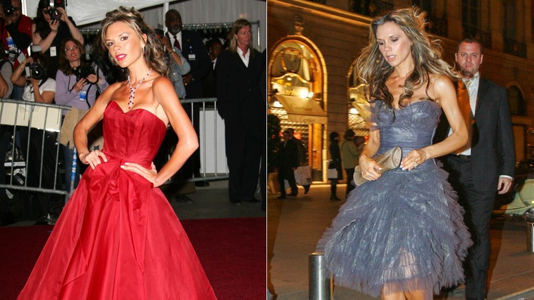Victoria Beckham in formal dresses in 2006, side by side photos