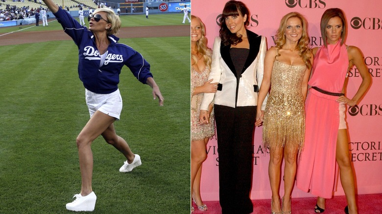 Photo of Victoria Beckham at a Dodgers game next to a photo of Victoria Beckham on the red carpet in a pink dress