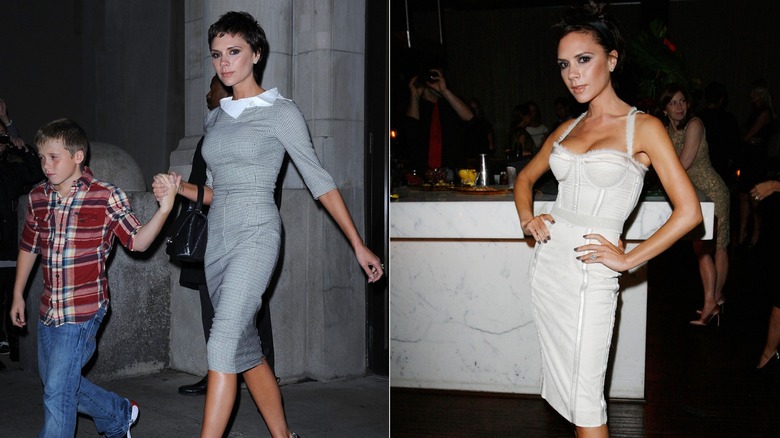 Victoria Beckham in form-fitting dresses in 2008, side by side photos
