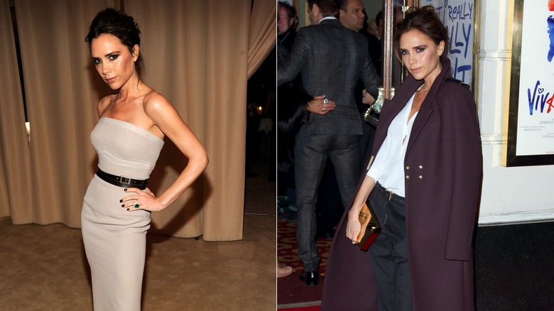 Victoria Beckham posing in classic fashion outfits in 2012, side by side photos