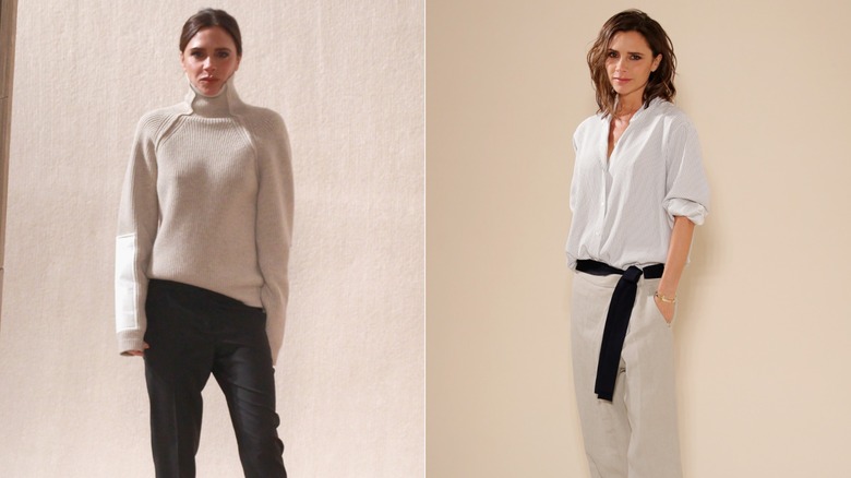 Victoria Beckham posing in more casual clothes in 2016, side by side photos