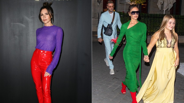 Victoria Beckham wearing colorful outfits in 2022, side by side photos
