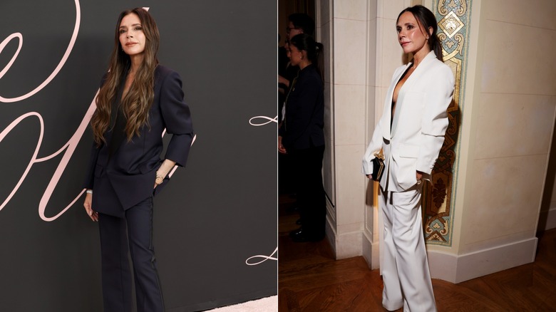Victoria Beckham in pantsuits in 2024, side by side photos