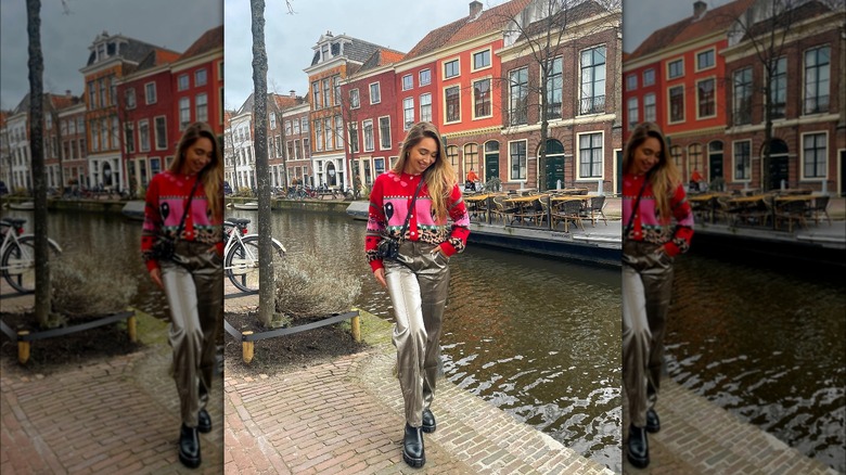 Outfit featuring metallic, vinyl pants and multi-colored sweater