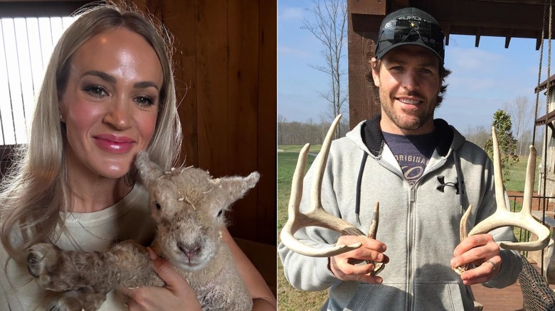 Carrie Underwood posing with a lamb and Mike Fisher posing with antlers, side by side photos