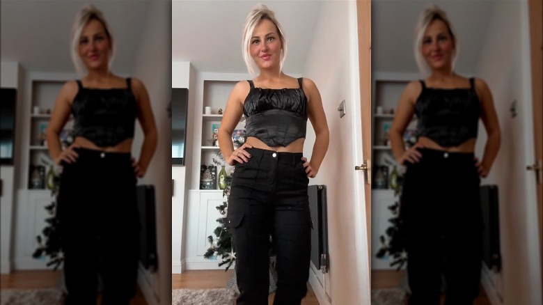 Black cargo pants and black top
