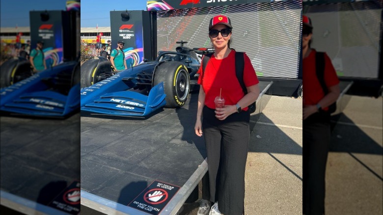 Woman in red and black clothing
