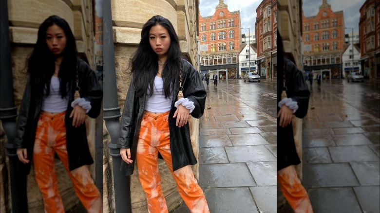Orange tie-dye jeans