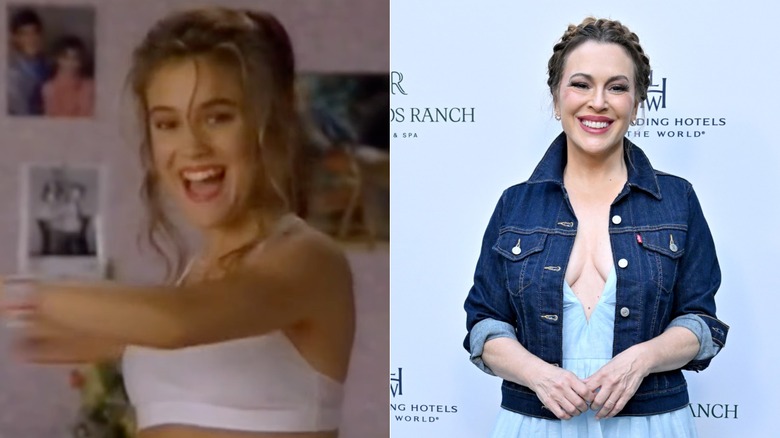 Alyssa Milano smiles wearing a white sports bra / Alyssa Milano smiles wearing a denim jacket