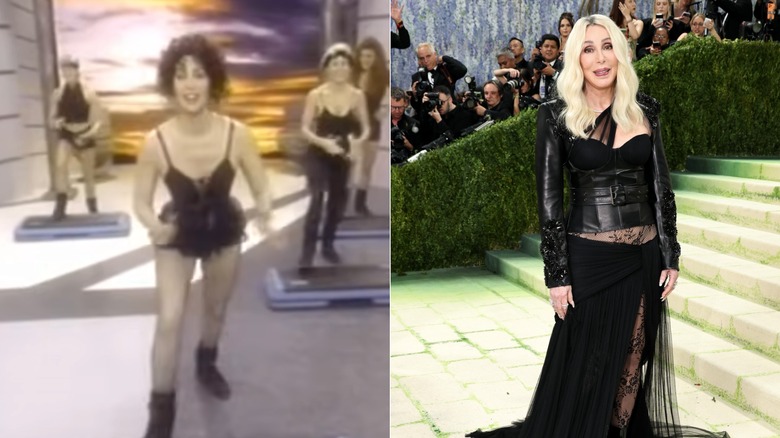 Cher marches wearing a black leotard and tutu / Cher poses wearing a leather corset