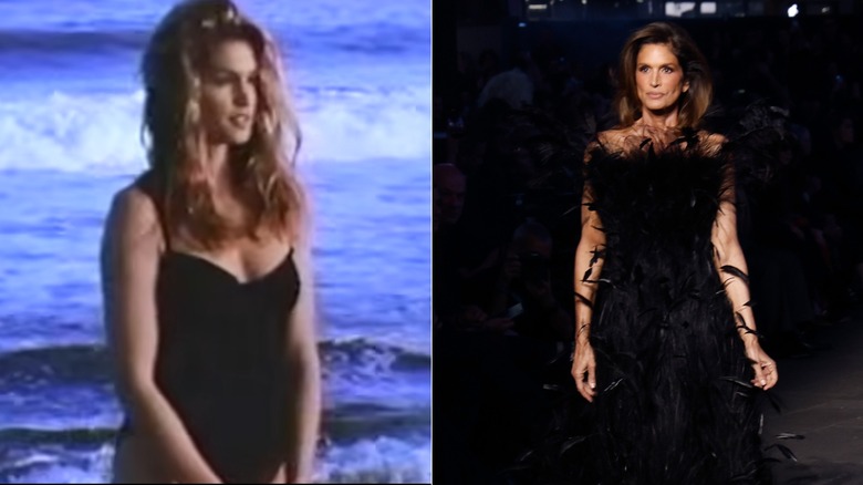 Cindy Crawford wearing a black leotard / Cindy Crawford walks wearing a feathered black dress