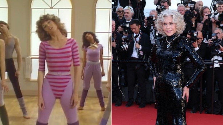 Jane Fonda works out wearing a striped leotard / Jane Fonda poses wearing a sequin-clad dress