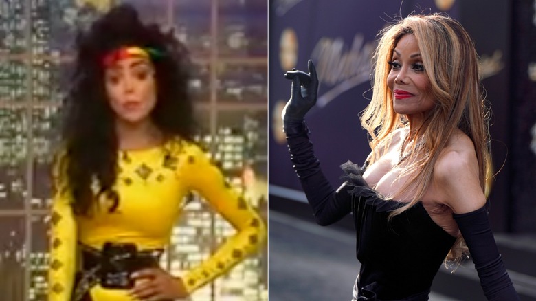 La Toya Jackson poses wearing a yellow leotard / La Toya Jackson smiles wearing black gloves and red lipstick