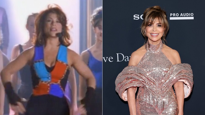 Paula Abdul wearing a patchwork vest / Paula Abdul smiles wearing an encrusted gown