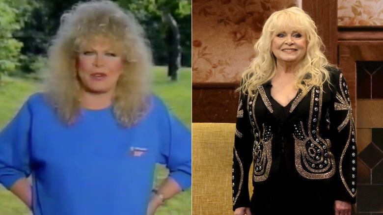Sally Struthers frowns wearing a blue sweater / Sally Struthers smiles wearing a gold and black jacket
