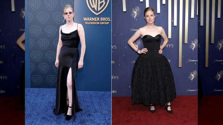 Split image of Taylor Deardon wearing black dresses at an Emmy's celebration and the 77th Emmy Awards