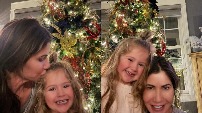 Two images on Instagram of Kristi Noem with her granddaughter standing in front of a Christmas tree