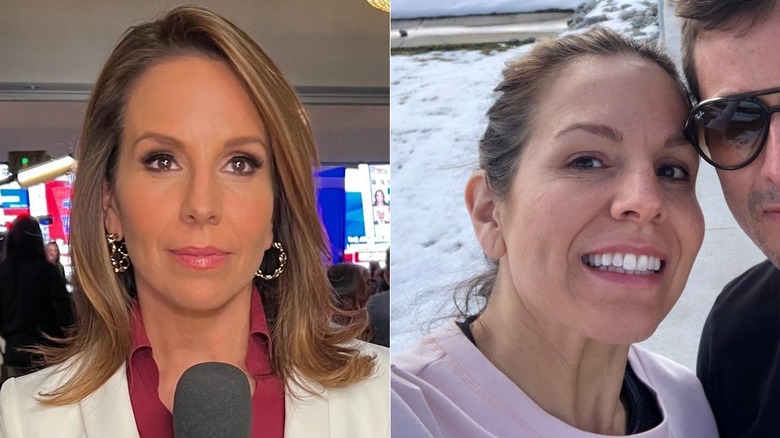 Left: Alicia Acuna in a white blazer, wearing bronzer, mascara, and pink lipstick; Right: Alicia Acuna with no makeup, next to a man in shades