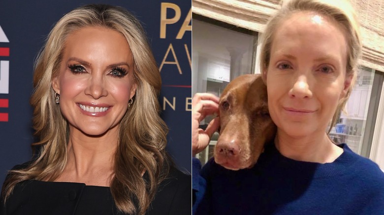 Left: Dana Perino with big, dramatic lashes and her hair styled in flowing waves; Right: Dana Perino cuddling her dog, makeup-free, with her hair pulled back