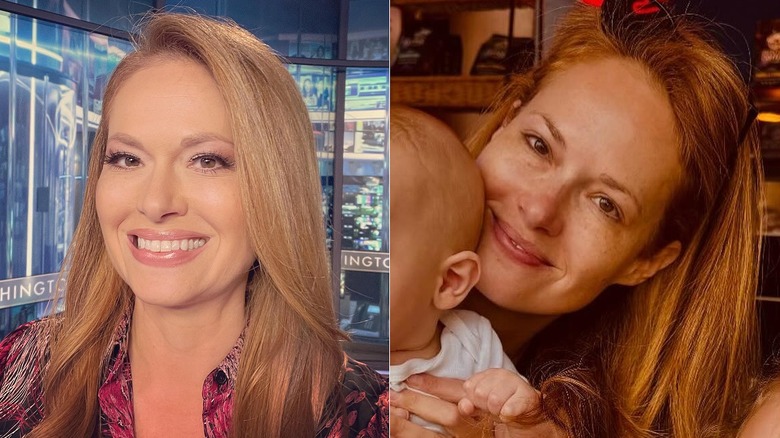 Left: Gillian Turner in the newsroom, in a printed blouse and pink-hued makeup; Right: Gillian Turner holding her baby at home, with clear skin and no makeup on