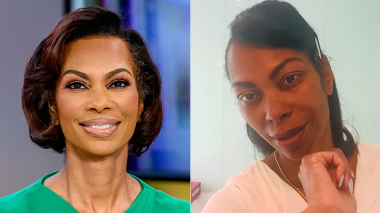 Left: Harris Faulkner in dark eyeliner and lashes; Right: Harris Faulkner at home, not wearing makeup