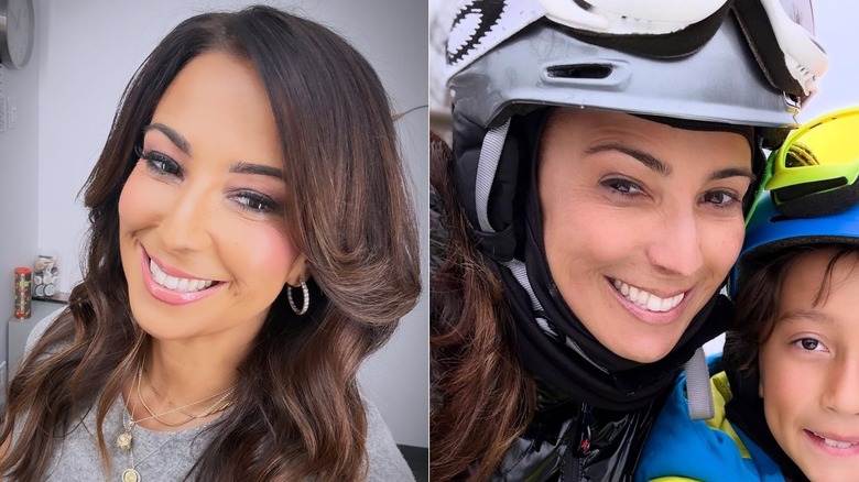 Left: Julie Bidwell, smiling, with pink eyeshadow, blush, and lipstick; Right: Julie Bidwell in a helmet, next to a child